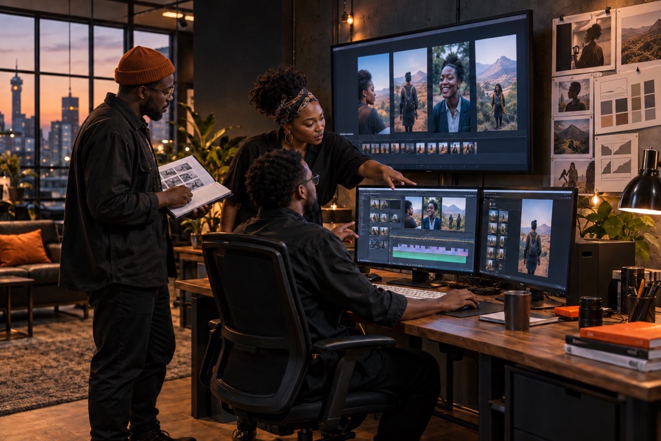 WhalePoint Africa creative team reviewing multiple video variations for one campaign in a Johannesburg studio