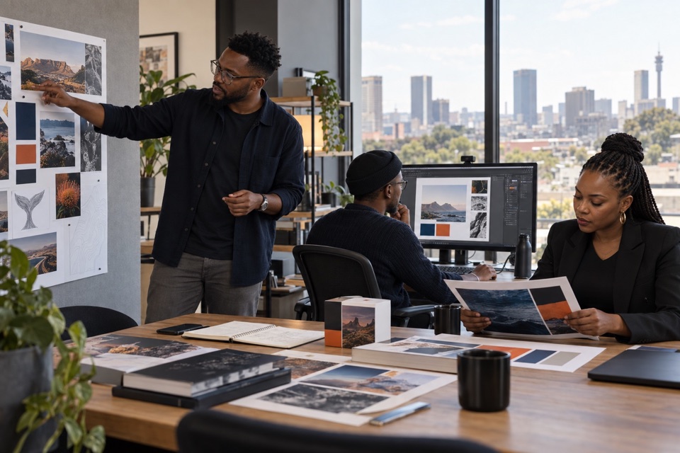 Professional South African creative team reviewing campaign concepts, typography and printed design proofs in a Johannesburg studio